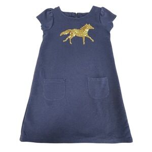 Gymboree Girls Dress Size‎ 8 Navy Gold Sequin Horse Short Sleeve Pockets